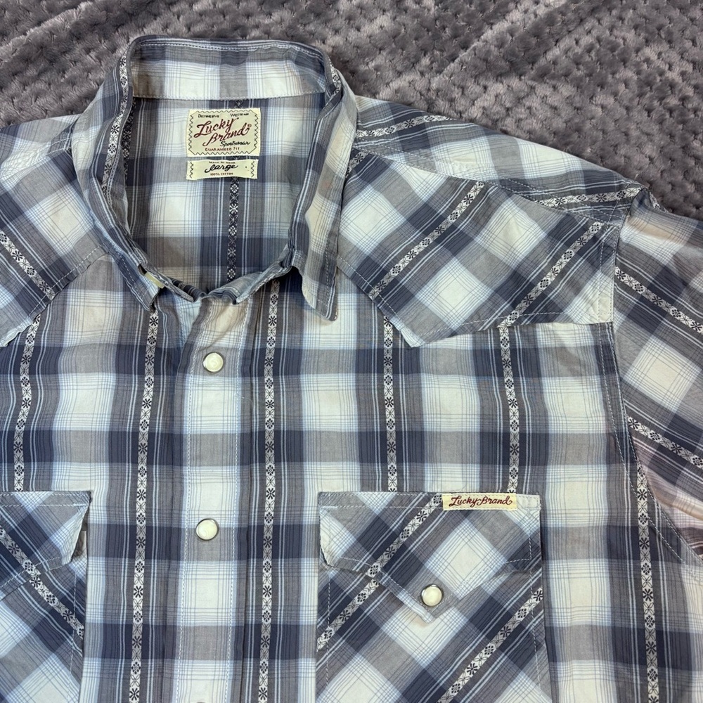 Lucky Brand Gray and White Plaid‎ Shirt Pearl Snap